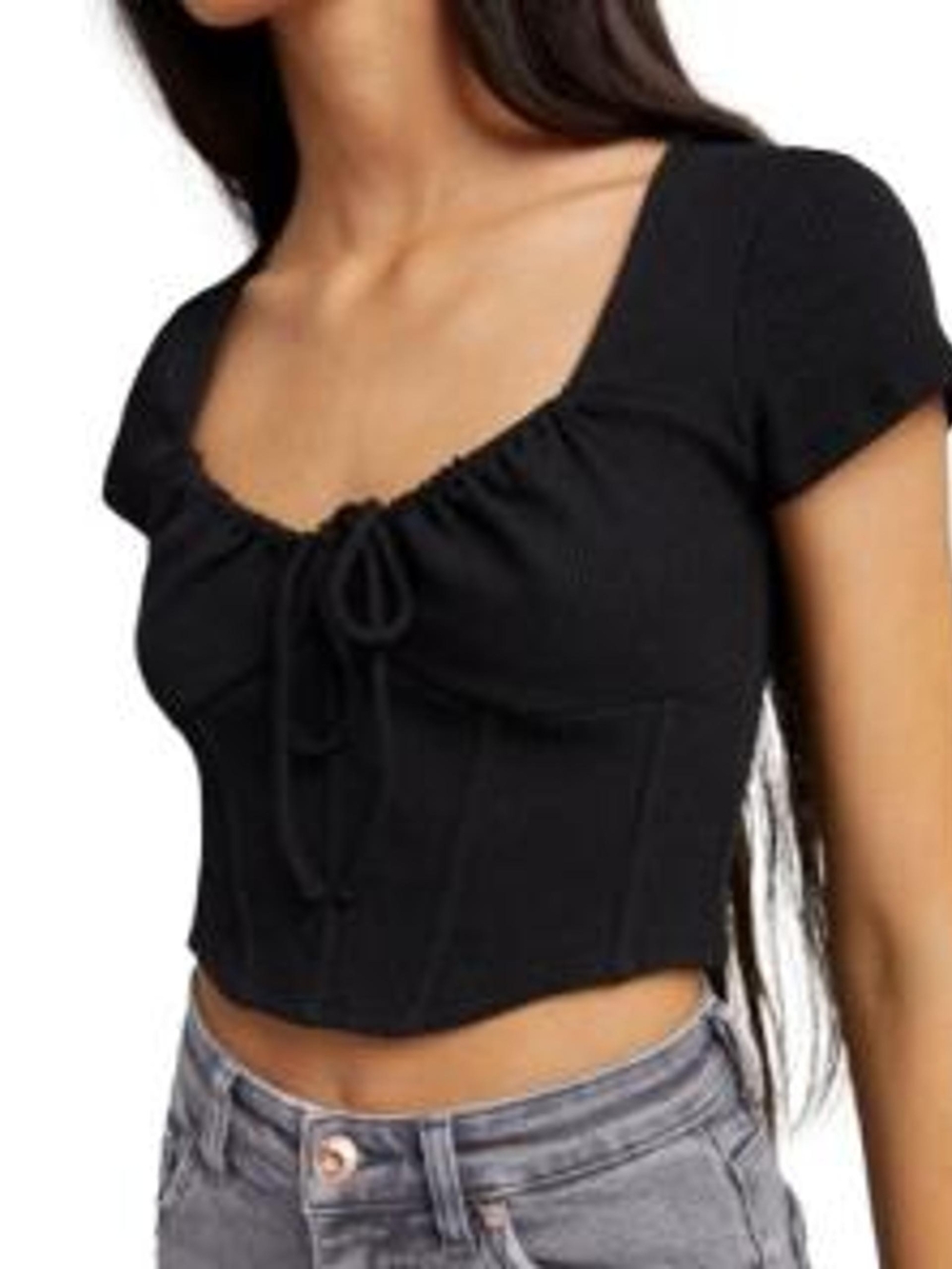 Black Corset Shirt Tie-Front Crop Tee